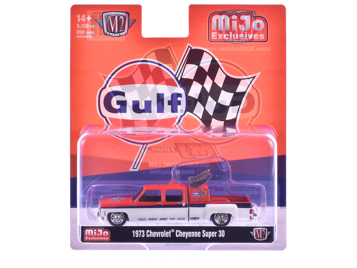 1973 Chevrolet Cheyenne Super 30 Pickup Truck "Gulf Oil" Orange and White with Blue Stripes Limited Edition to 9350 pieces Worldwide 1/64 Diecast Model Car by M2 Machines-0