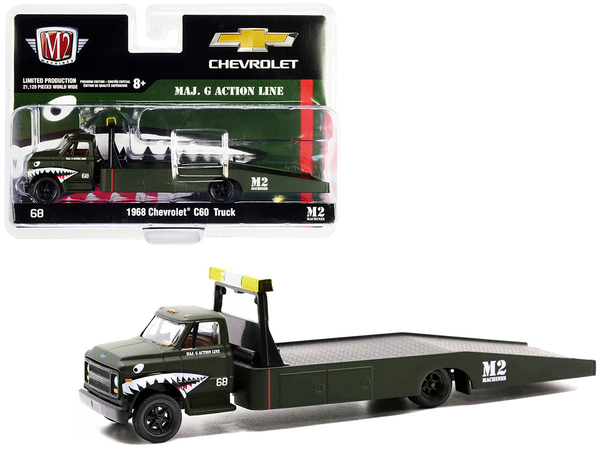 1968 Chevrolet C60 Flatbed Truck #68 Matt Dark Green with Graphics "Maj. G Action Line" Limited Edition to 21120 pieces Worldwide 1/64 Diecast Model by M2 Machines-0