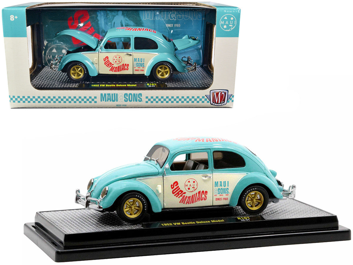 1952 Volkswagen Beetle Deluxe Model Light Blue and Wimbledon White “Maui & Sons” Limited Edition to 3850 pieces Worldwide 1/24 Diecast Model Car by M2 Machines-0