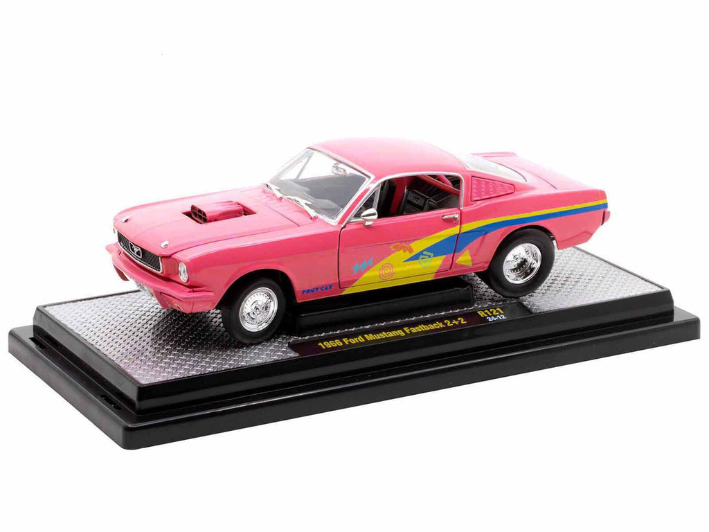 1966 Ford Mustang Fastback 2+2 Pink with Blue and Yellow Stripes "Pro Street" Limited Edition to 6250 pieces Worldwide 1/24 Diecast Model Car by M2 Machines-0