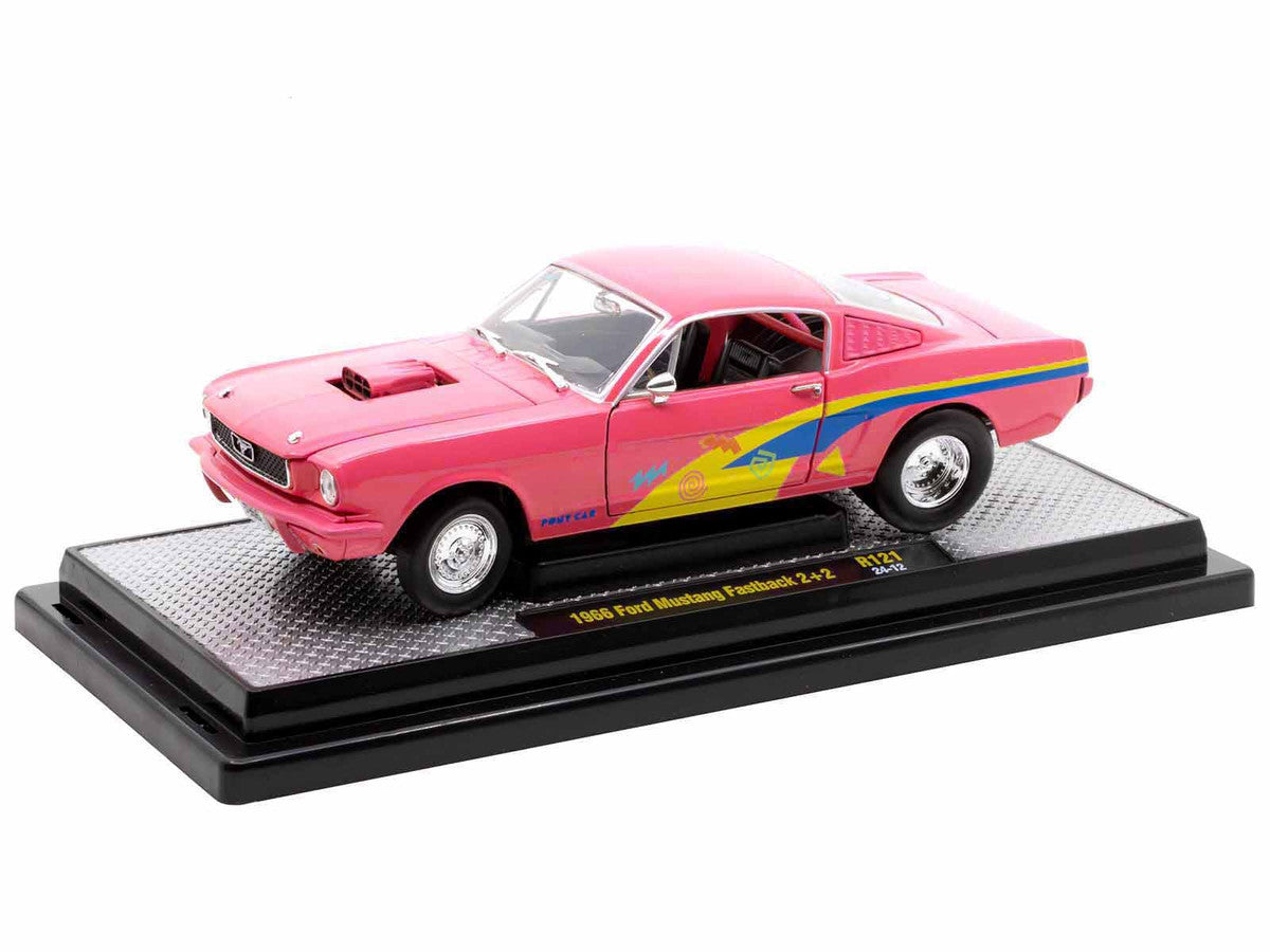 1966 Ford Mustang Fastback 2+2 Pink with Blue and Yellow Stripes "Pro Street" Limited Edition to 6250 pieces Worldwide 1/24 Diecast Model Car by M2 Machines-0