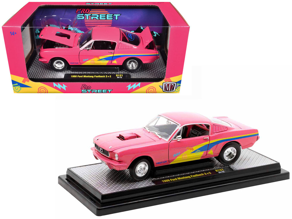 1966 Ford Mustang Fastback 2+2 Pink with Blue and Yellow Stripes "Pro Street" Limited Edition to 6250 pieces Worldwide 1/24 Diecast Model Car by M2 Machines-2