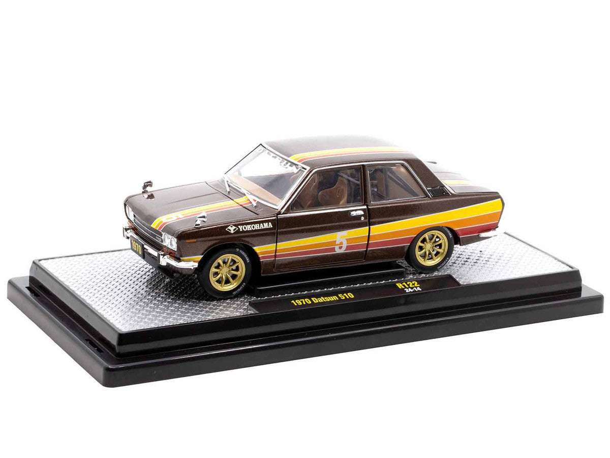 1970 Datsun 510 #5 Brown Metallic with Stripes Limited Edition to 4250 pieces Worldwide 1/24 Diecast Model Car by M2 Machines-0