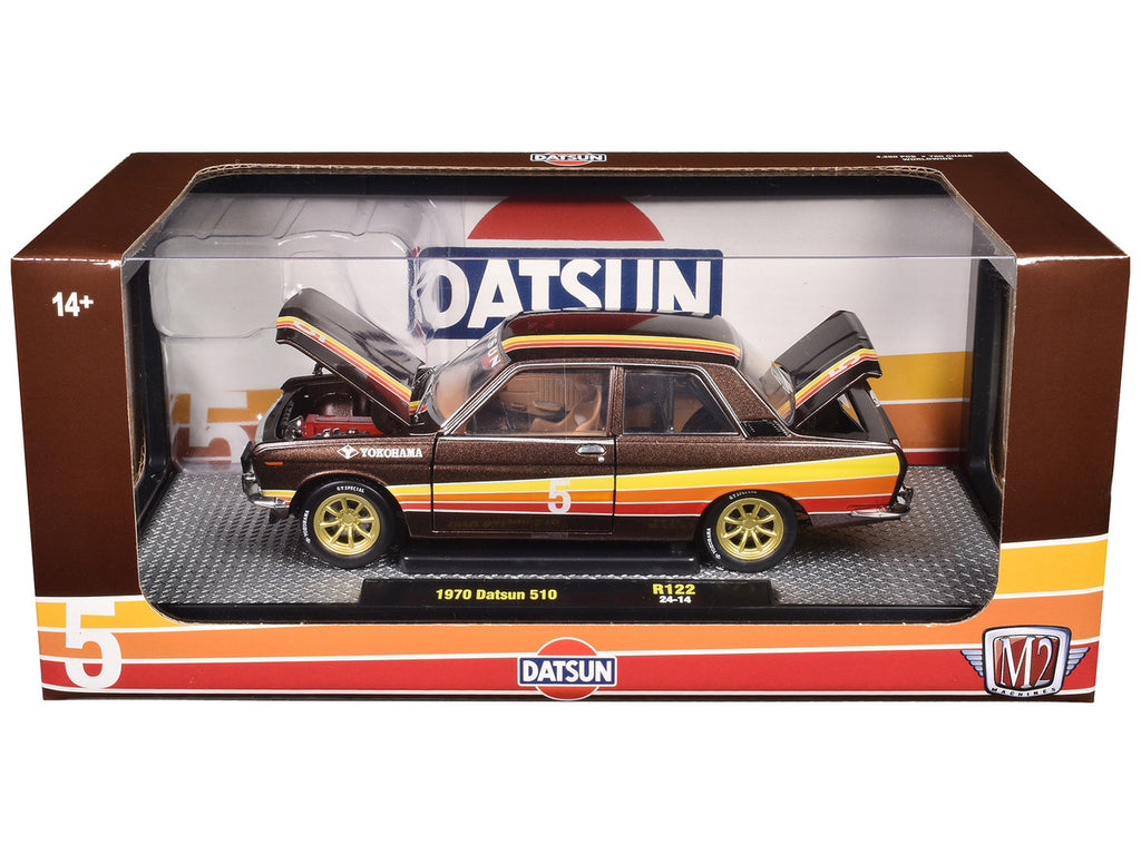1970 Datsun 510 #5 Brown Metallic with Stripes Limited Edition to 4250 pieces Worldwide 1/24 Diecast Model Car by M2 Machines-1