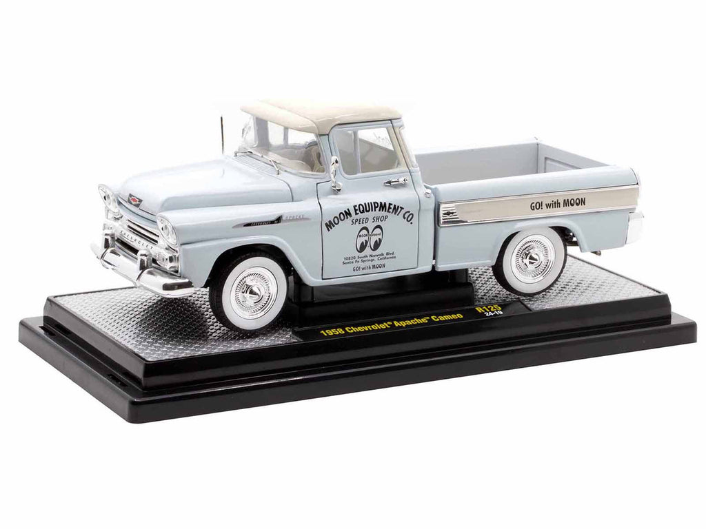 1958 Chevrolet Apache Cameo Pickup Truck "Mooneyes" Light Gray with White Top Limited Edition to 6650 pieces Worldwide 1/24 Diecast Model Car by M2 Machines-1