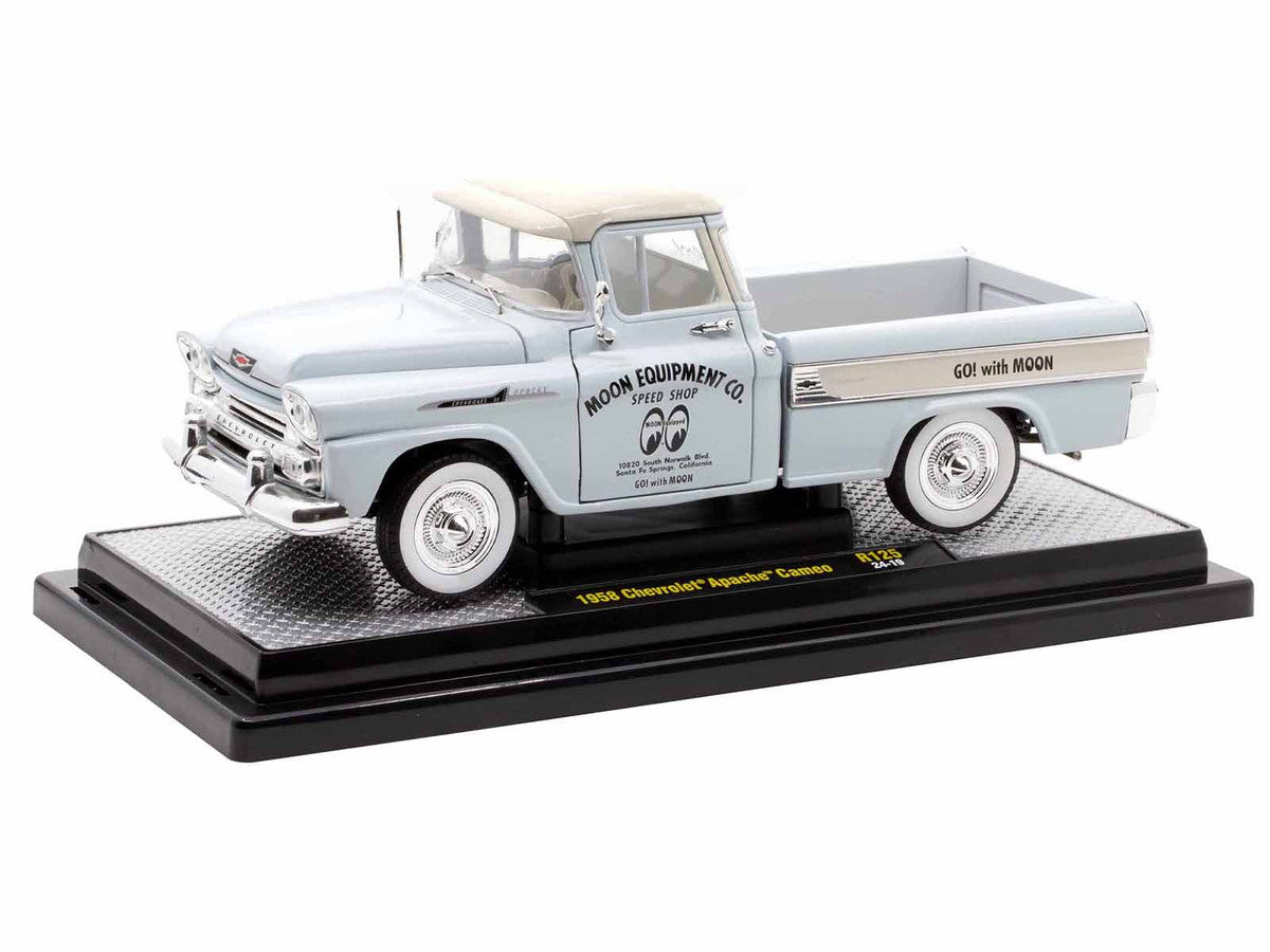 1958 Chevrolet Apache Cameo Pickup Truck "Mooneyes" Light Gray with White Top Limited Edition to 6650 pieces Worldwide 1/24 Diecast Model Car by M2 Machines-1
