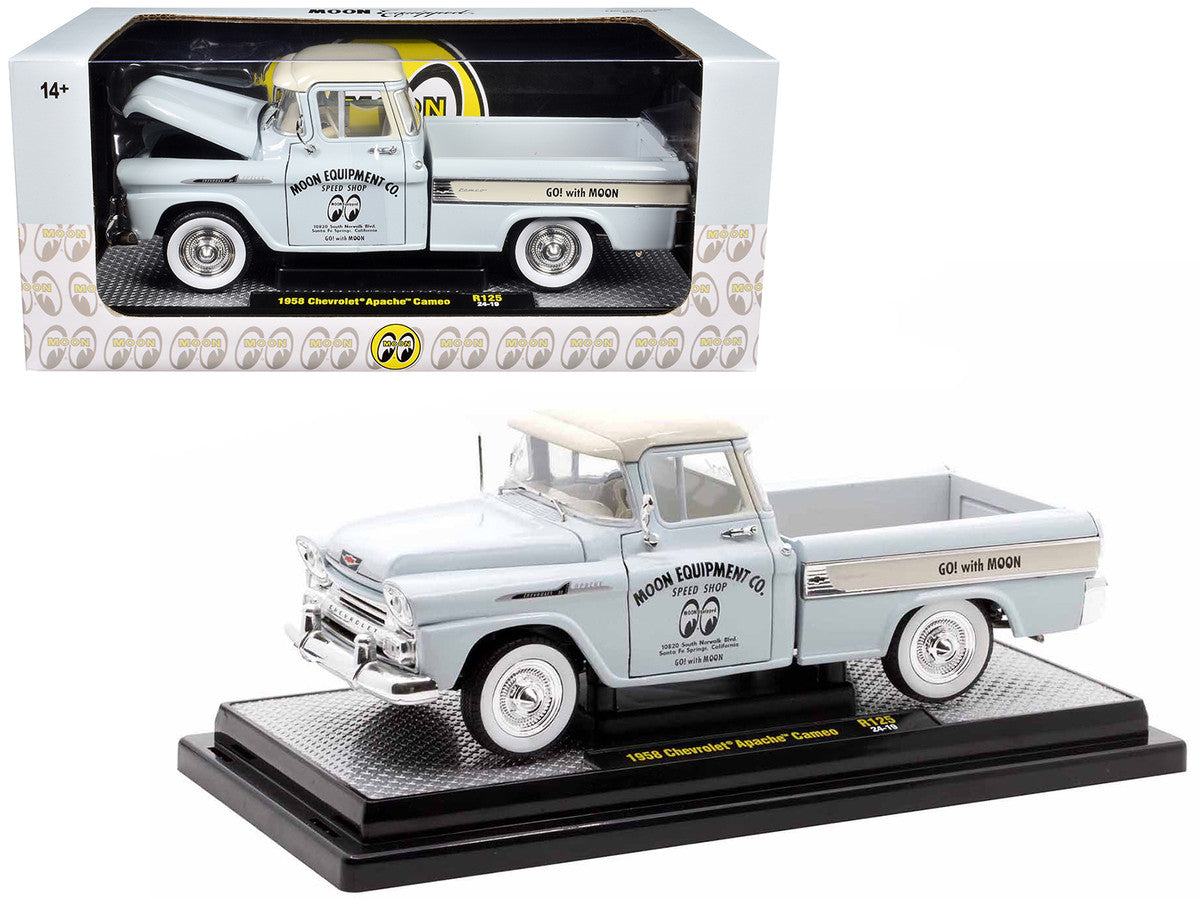 1958 Chevrolet Apache Cameo Pickup Truck "Mooneyes" Light Gray with White Top Limited Edition to 6650 pieces Worldwide 1/24 Diecast Model Car by M2 Machines-0