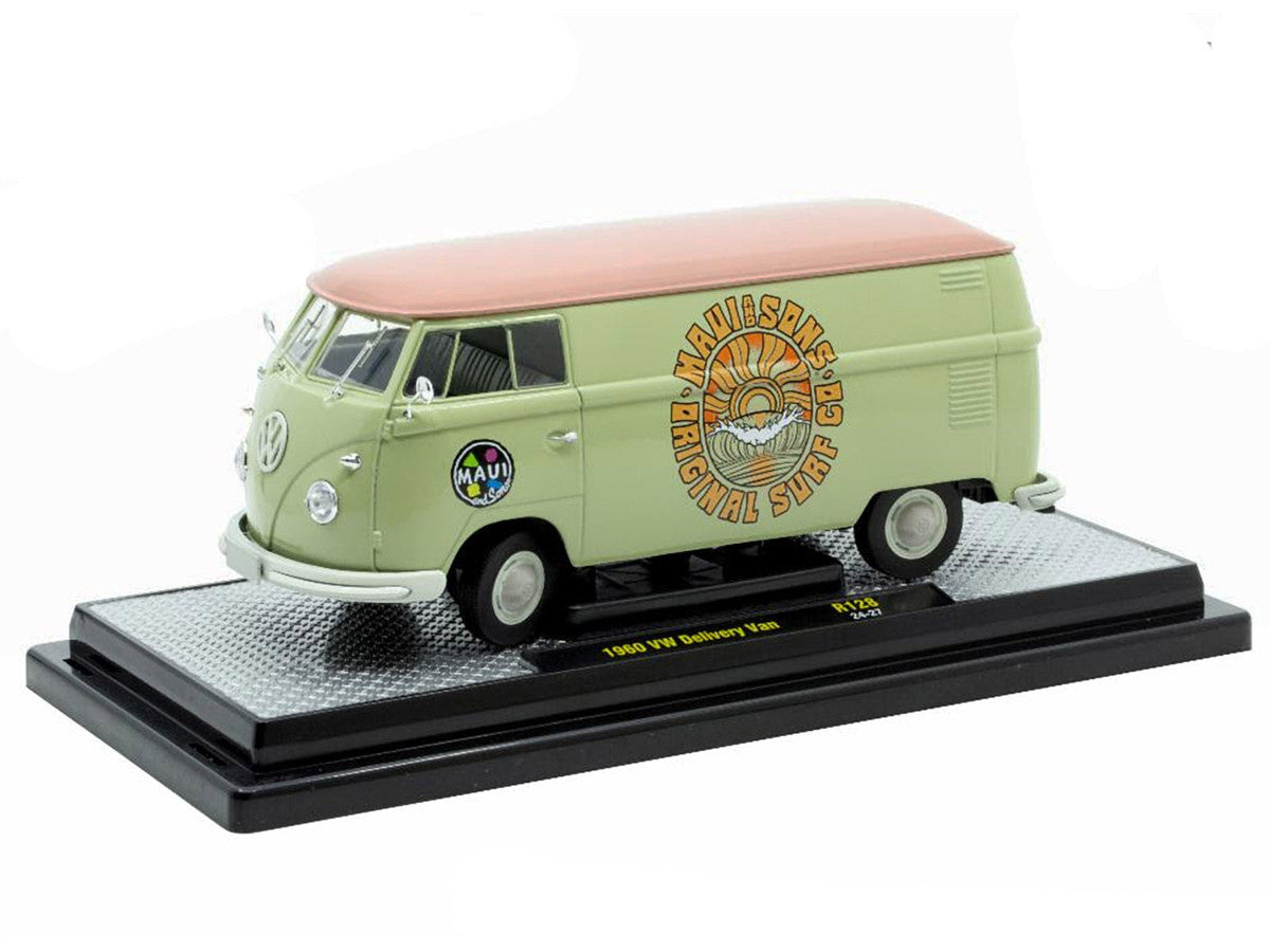 1960 Volkswagen Delivery Van "Maui & Sons" Light Olive Green with Salmon Top Limited Edition to 6650 pieces Worldwide 1/24 Diecast Model Car by M2 Machines-1