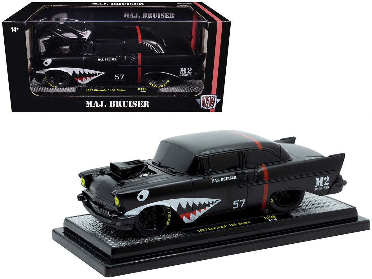 1957 Chevrolet 150 Sedan "Maj. Bruiser" Matt Black with Red Stripe and Shark Mouth Graphics Limited Edition to 6650 pieces Worldwide 1/24 Diecast Model Car by M2 Machines-2