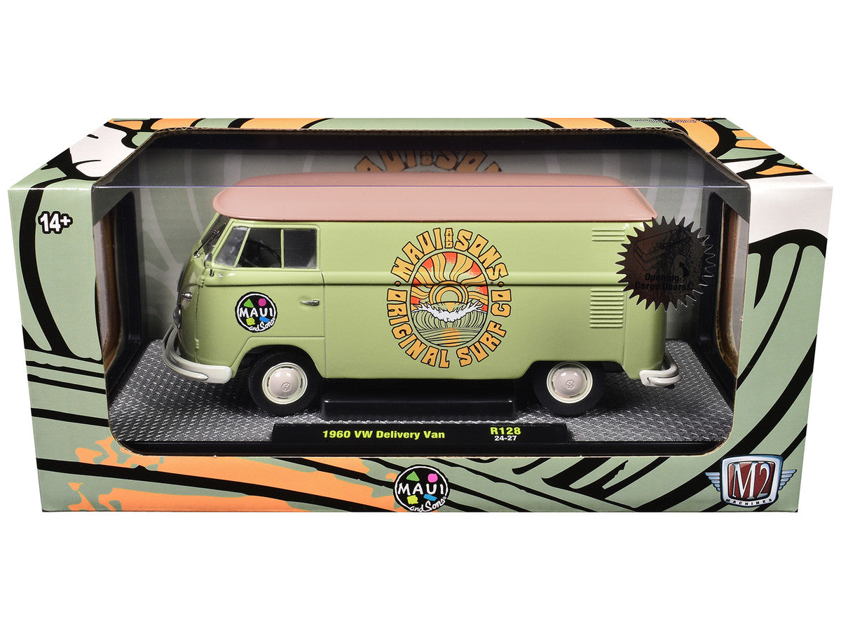 1960 Volkswagen Delivery Van "Maui & Sons" Light Olive Green with Salmon Top Limited Edition to 6650 pieces Worldwide 1/24 Diecast Model Car by M2 Machines-2