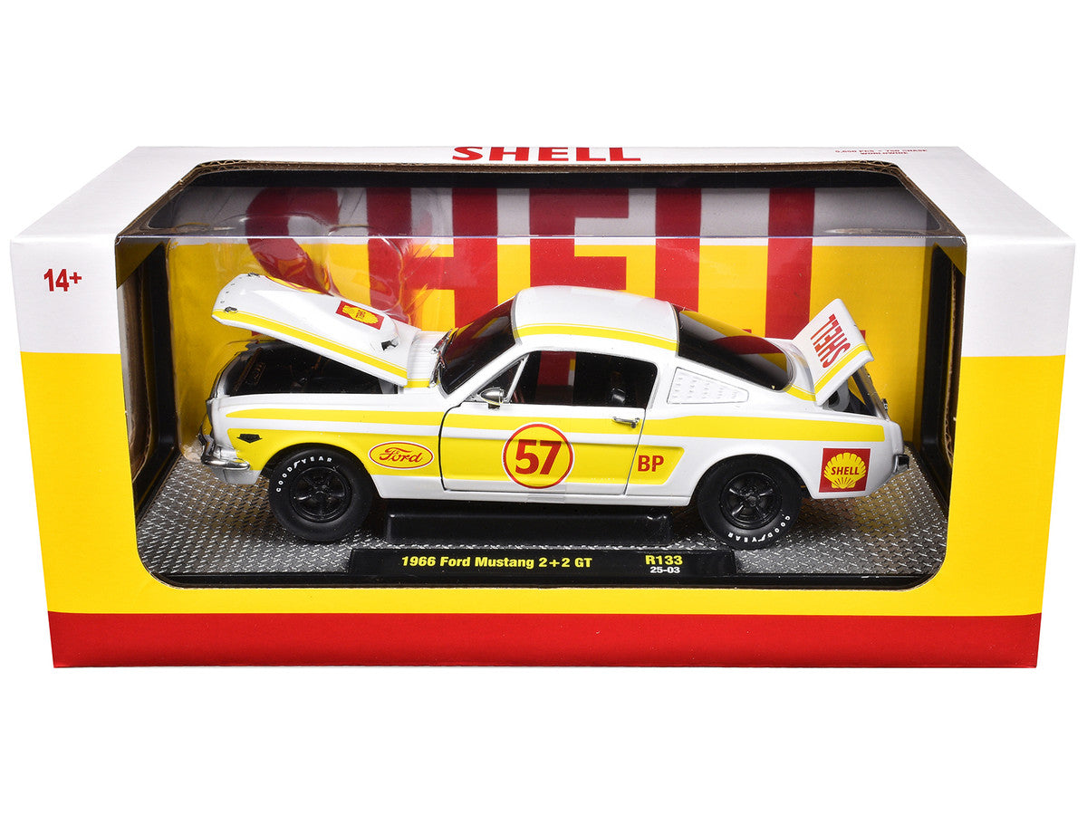 1966 Ford Mustang 2+2 GT #57 "Shell Oil" White with Yellow Stripes Limited Edition to 5650 pieces Worldwide 1/24 Diecast Model Car by M2 Machines-1