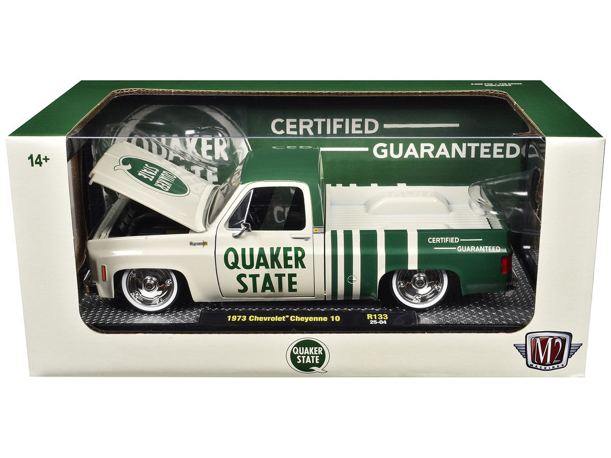 1973 Chevrolet Cheyenne 10 Pickup Truck "Quaker State" Beige and Green Limited Edition to 9600 pieces Worldwide 1/24 Diecast Model Car by M2 Machines-1