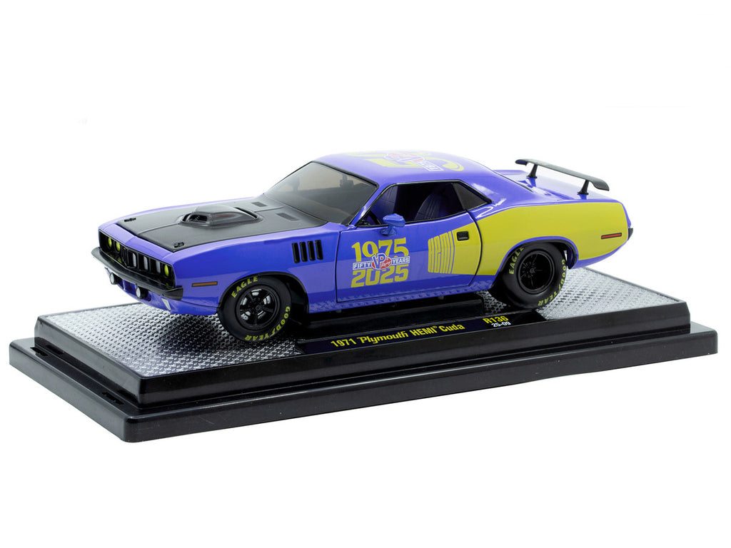 1971 Plymouth Hemi Cuda "VP Racing 50 Years" Blue with Yellow Sides Limited Edition to 8650 pieces Worldwide 1/24 Diecast Model Car by M2 Machines-0