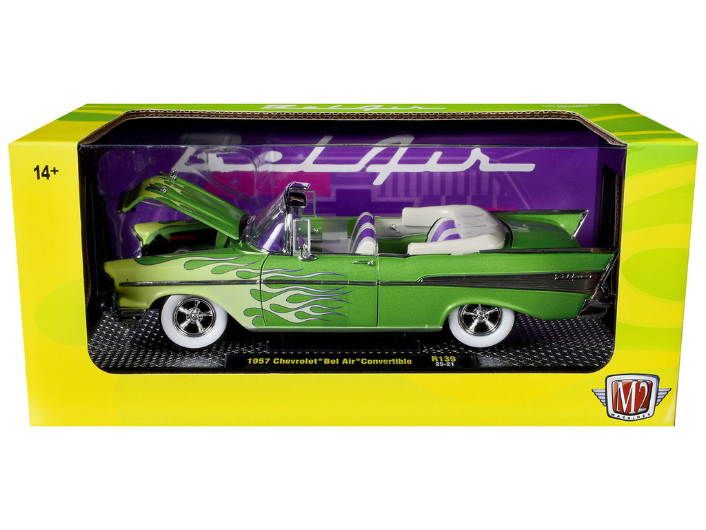 1957 Chevrolet Bel Air Convertible Green Metallic with Flame Graphics and Purple and White Interior Limited Edition to 4050 pieces Worldwide 1/24 Diecast Model Car by M2 Machines-1