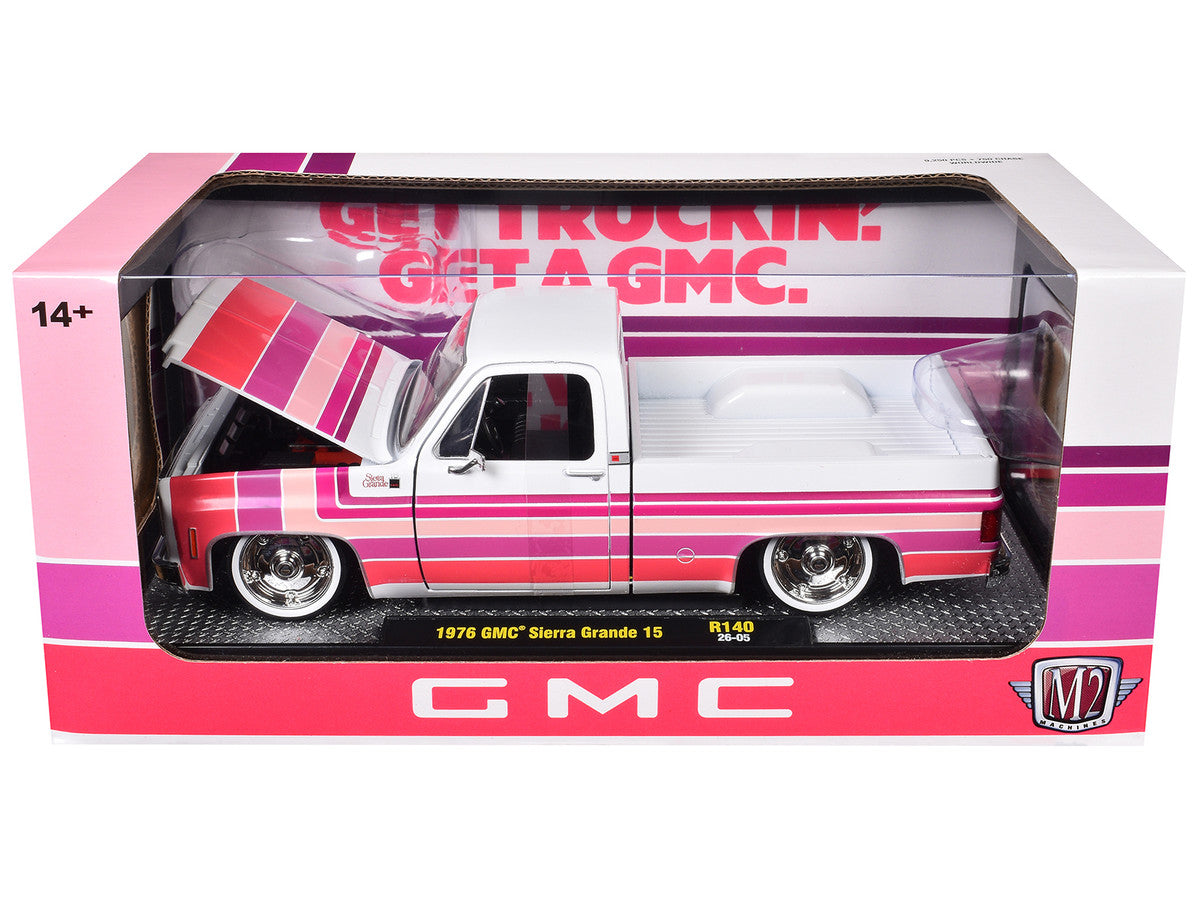 1976 GMC Sierra Grande 15 Pickup Truck White with Stripes Limited Edition to 9250 pieces Worldwide 1/24 Diecast Model Car by M2 Machines-1