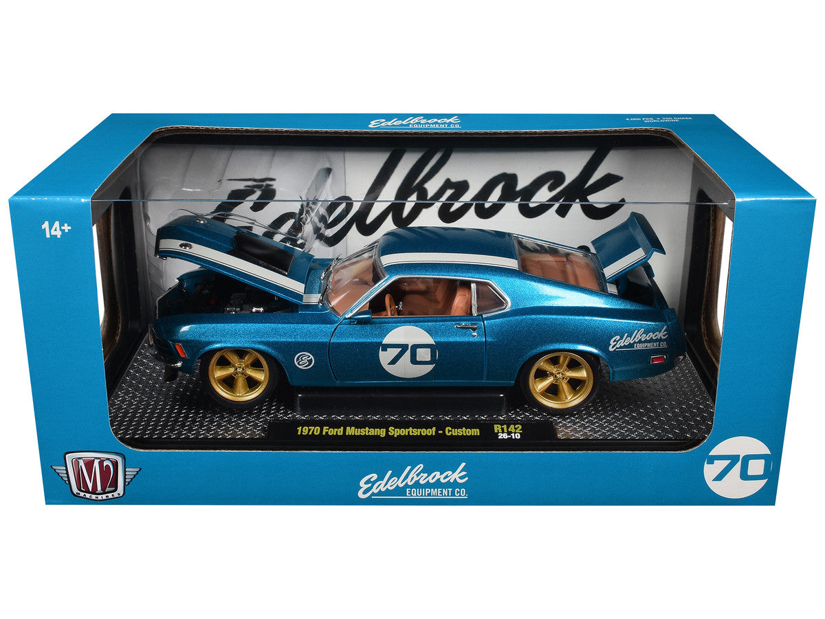 1970 Ford Mustang Sportsroof #70 Blue Metallic with White Stripes Limited Edition to 4050 pieces Worldwide 1/24 Diecast Model Car by M2 Machines-2