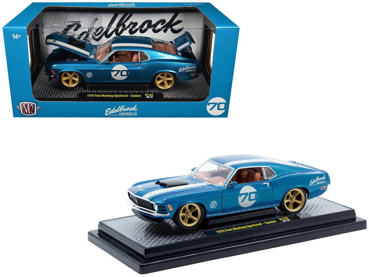 1970 Ford Mustang Sportsroof #70 Blue Metallic with White Stripes Limited Edition to 4050 pieces Worldwide 1/24 Diecast Model Car by M2 Machines-0