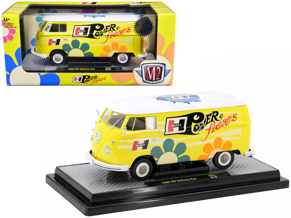 1960 Volkswagen Delivery Van Yellow with Bright White Top and Flower Graphics "Hurst Power Flowers" Limited Edition to 6550 pieces Worldwide 1/24 Diecast Model Car by M2 Machines-0