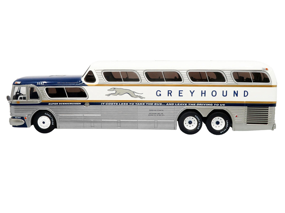 GM PD-4501 Scenicruiser Coach Bus "Greyhound Bus Lines - 50th Anniversary" Raw Metal with Blue and White Top and Gold Stripes "The Bus & Motorcoach Collection" 1/43 Plastic Model by Iconic Replicas-0