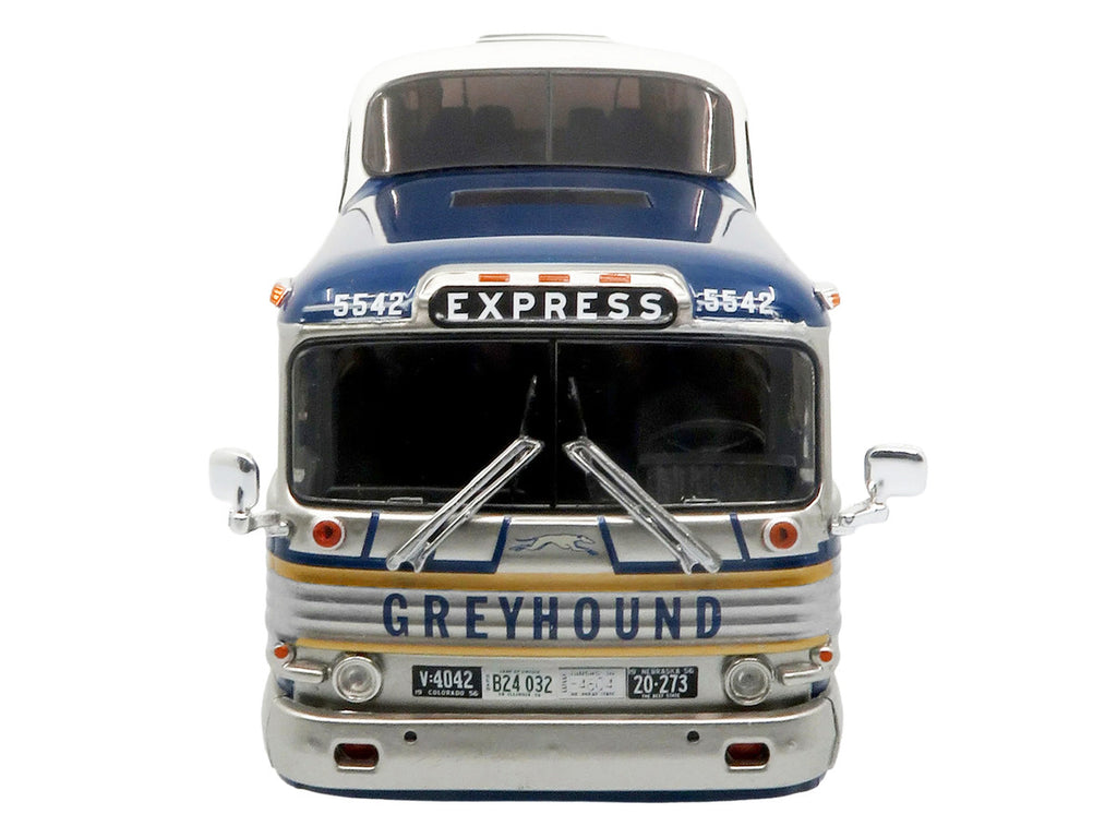 GM PD-4501 Scenicruiser Coach Bus "Greyhound Bus Lines - 50th Anniversary" Raw Metal with Blue and White Top and Gold Stripes "The Bus & Motorcoach Collection" 1/43 Plastic Model by Iconic Replicas-2