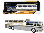 GM PD-4501 Scenicruiser Coach Bus "Greyhound Bus Lines - 50th Anniversary" Raw Metal with Blue and White Top and Gold Stripes "The Bus & Motorcoach Collection" 1/43 Plastic Model by Iconic Replicas-4