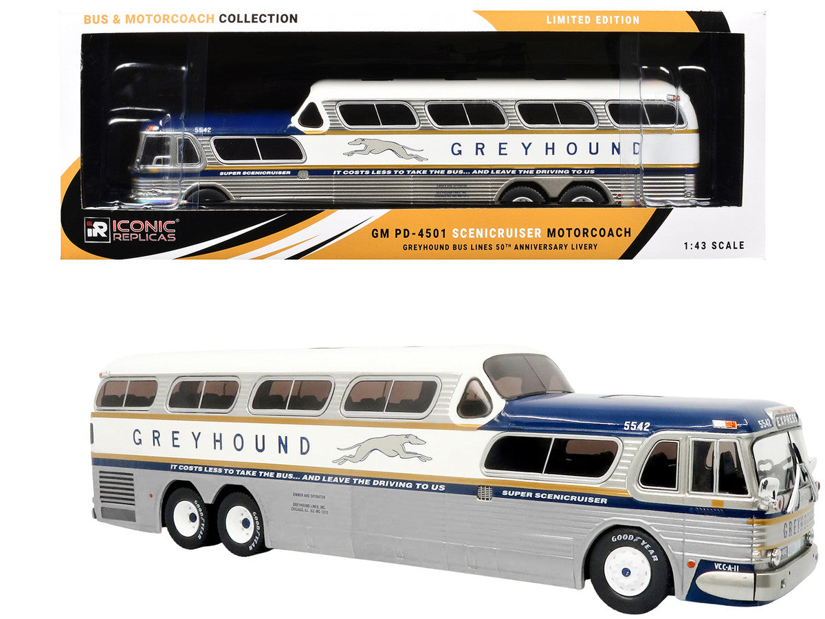 GM PD-4501 Scenicruiser Coach Bus "Greyhound Bus Lines - 50th Anniversary" Raw Metal with Blue and White Top and Gold Stripes "The Bus & Motorcoach Collection" 1/43 Plastic Model by Iconic Replicas-4