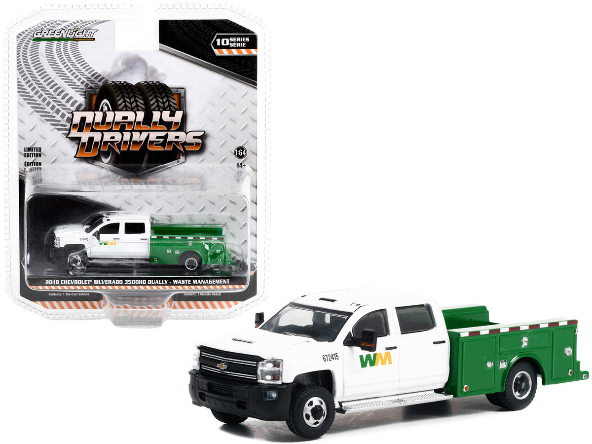 2018 Chevrolet Silverado 3500HD Dually Service Truck White and Green "Waste Management" "Dually Drivers" Series 10 1/64 Diecast Model Car by Greenlight-0