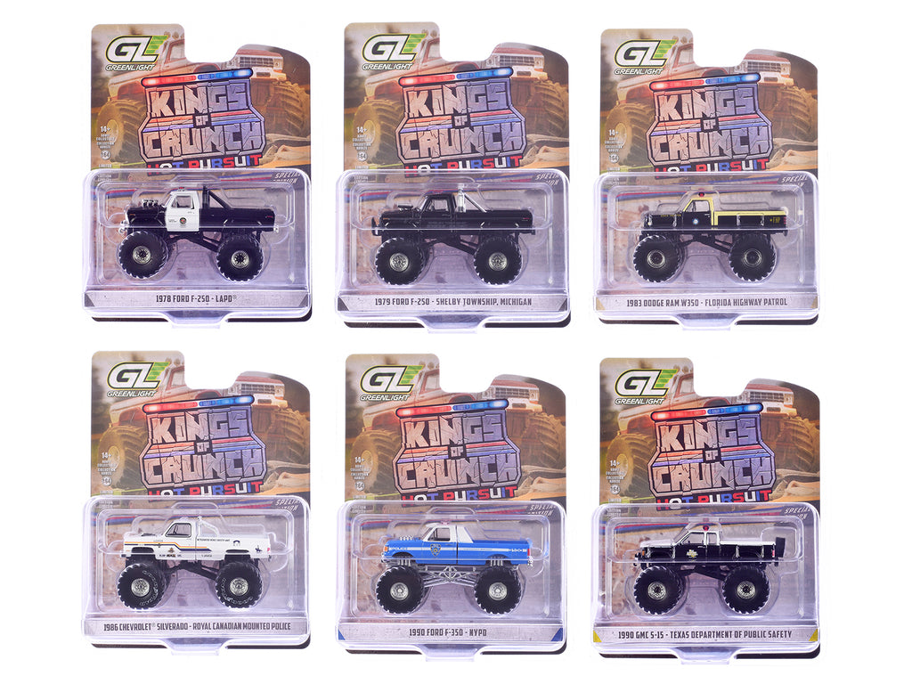 "Kings of Crunch - Hot Pursuit" Special Edition Set of 6 Monster Trucks 1/64 Diecast Model Cars by Greenlight