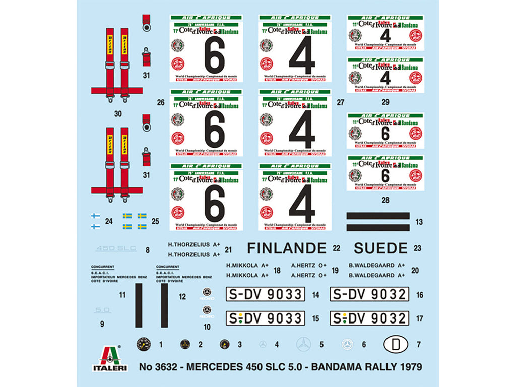 Skill 3 Model Kit Mercedes-Benz 450 SLC Winner "Rallye Bandama Ivory Coast" (1979) 1/24 Scale Model by Italeri-3