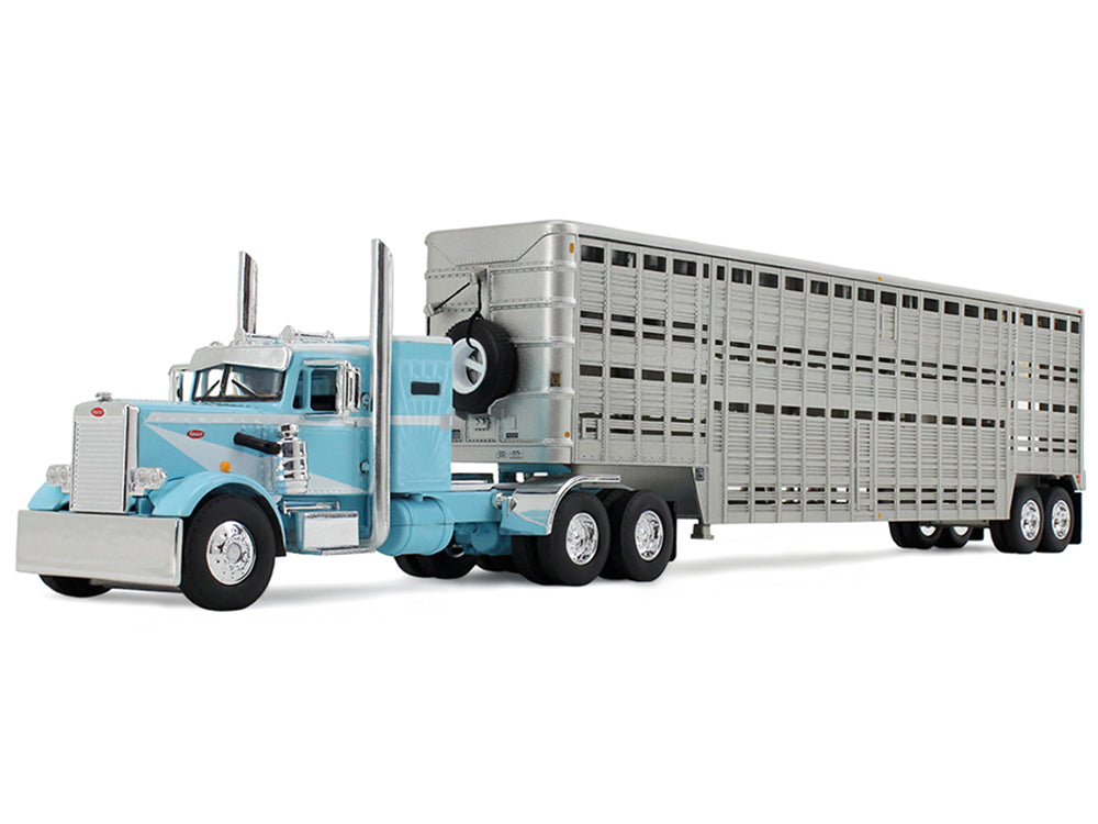 Peterbilt 351 with 36" Vintage Sleeper and 45' Wilson Vintage Livestock Trailer Light Blue with White Stripes 1/64 Diecast Model by DCP/First Gear