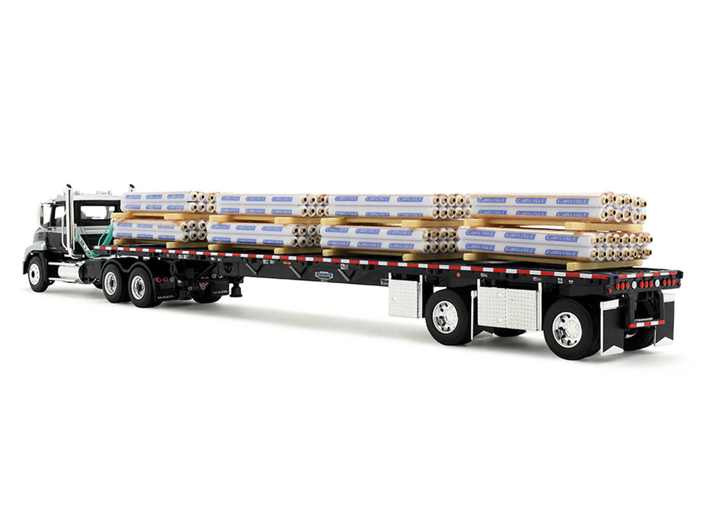 Mack Pinnacle Day Cab with Minimizer Parts & 53' Wilson Roadbrute Flatbed Trailer with "Carlisle Roofing" Loaded Pallets Black with Silver Top and Stripes 1/64 Diecast Model by DCP/First Gear-1