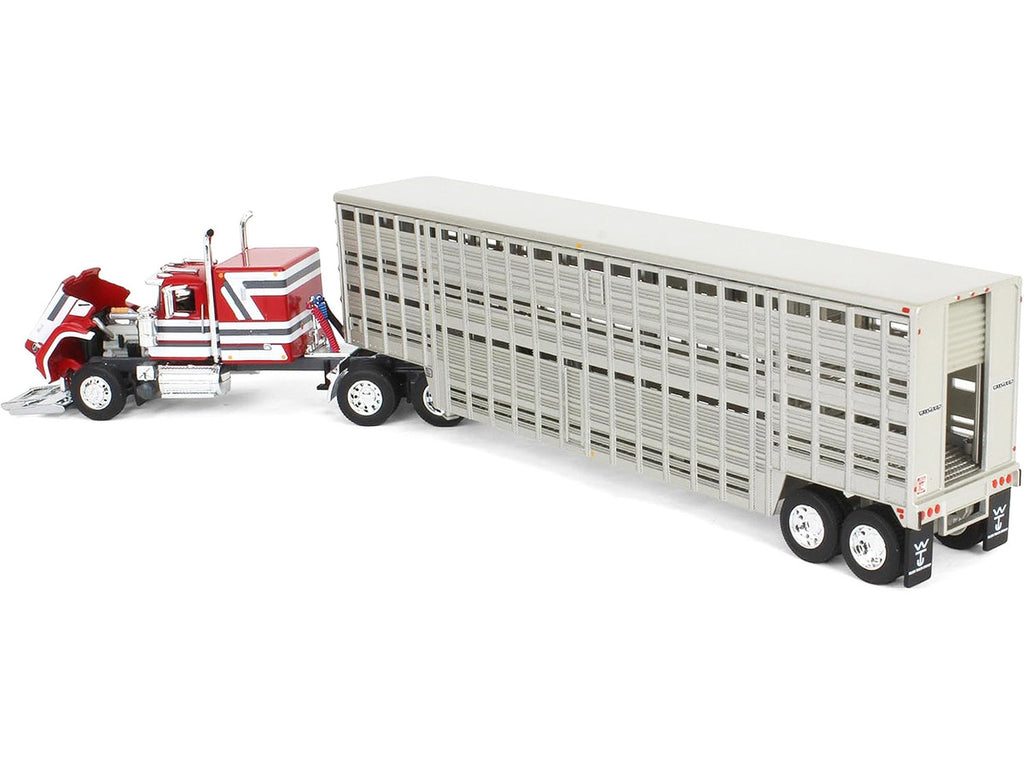 Mack Super-Liner with 60" Flat Top Sleeper and 45' Wilson Vintage Livestock Trailer Red with White and Gray Stripes 1/64 Diecast Model by DCP/First Gear-1