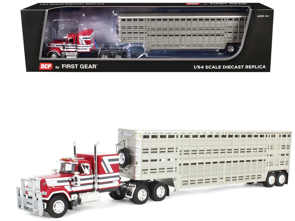 Mack Super-Liner with 60" Flat Top Sleeper and 45' Wilson Vintage Livestock Trailer Red with White and Gray Stripes 1/64 Diecast Model by DCP/First Gear-0