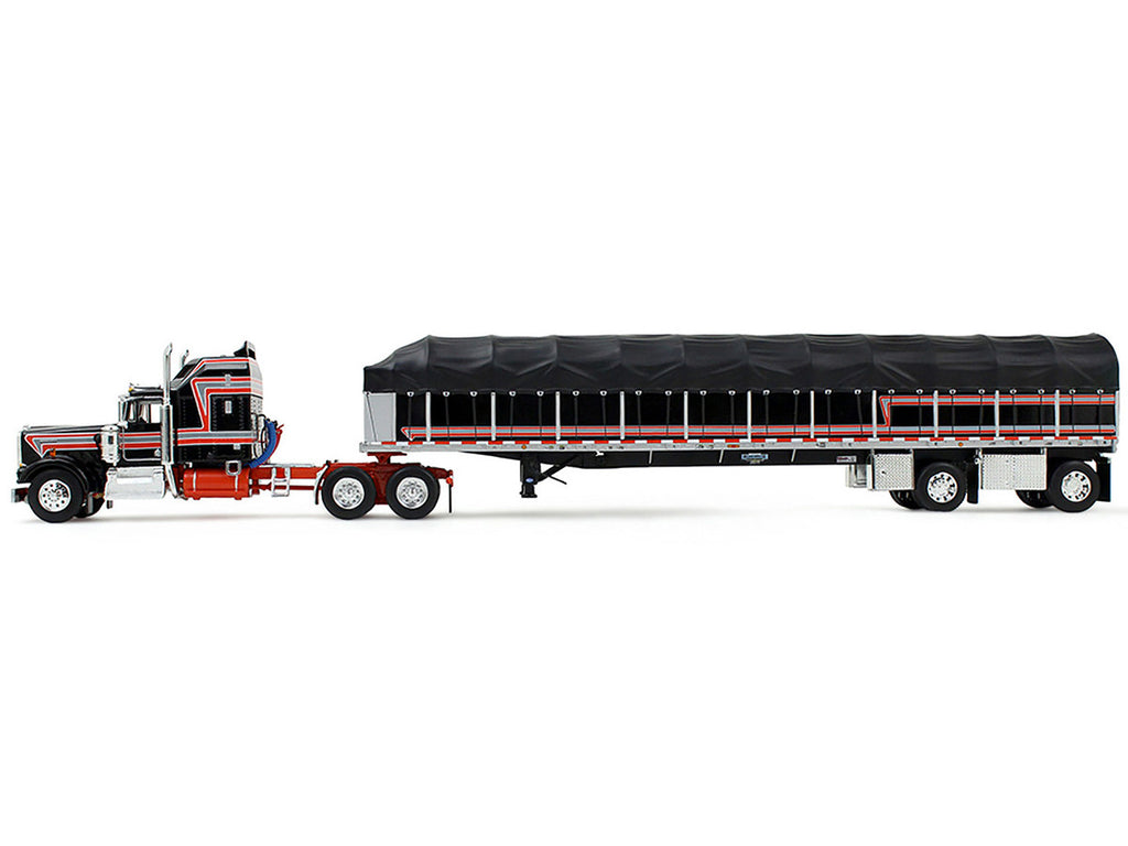 Kenworth W900A with 60" Aerodyne Sleeper and 53’ Wilson Roadbrute Flatbed Trailer with Covered Wagon Black with Red Stripes 1/64 Diecast Model by DCP/First Gear-0