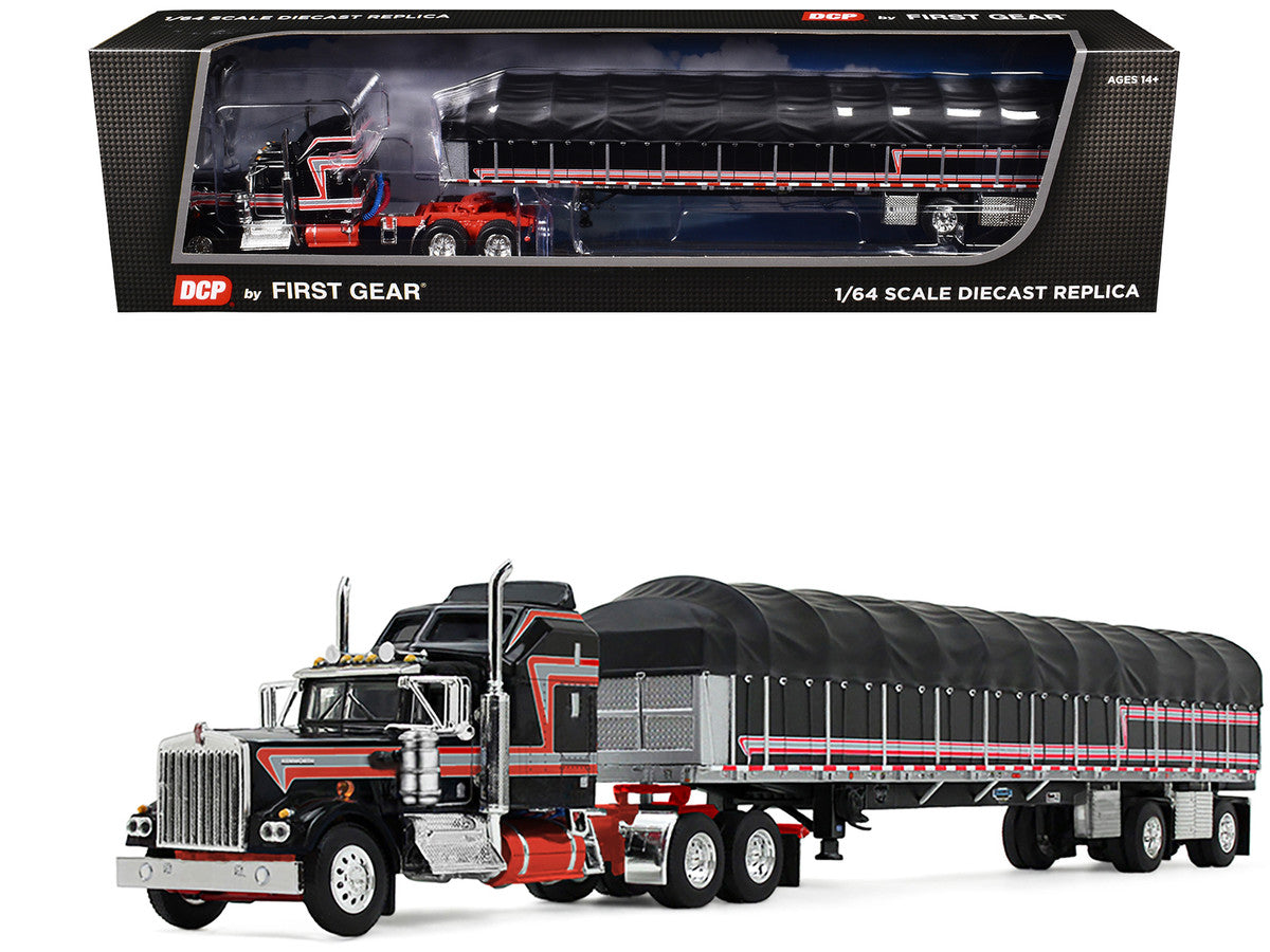 Kenworth W900A with 60" Aerodyne Sleeper and 53’ Wilson Roadbrute Flatbed Trailer with Covered Wagon Black with Red Stripes 1/64 Diecast Model by DCP/First Gear-3