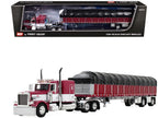 Peterbilt 389 with 63" Flat Top Sleeper and 53’ Wilson Roadbrute Flatbed Trailer with Covered Wagon Maroon with White Stripes 1/64 Diecast Model by DCP/First Gear-2