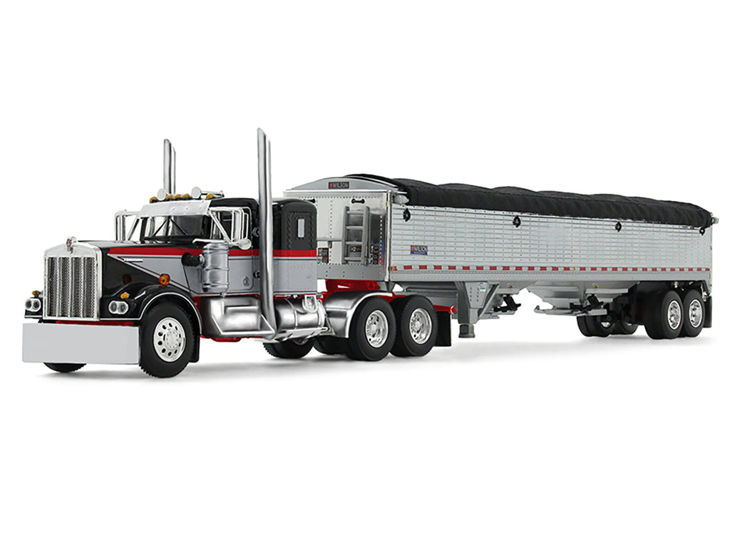 Kenworth W900A with 36" Sleeper and 43' Wilson Pacesetter Grain Trailer Black and Gray with Viper Red Stripes 1/64 Diecast Model by DCP/First Gear
