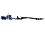 Peterbilt 389 with 48" Flat Top Sleeper and Landoll 440B-50CA Traveling Axle Trailer Black with Blue Stripes 1/64 Diecast Model by DCP/First Gear