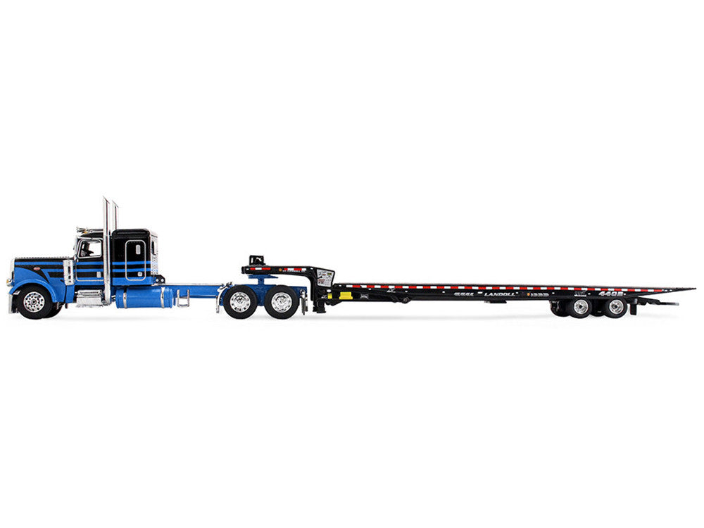 Peterbilt 389 with 48" Flat Top Sleeper and Landoll 440B-50CA Traveling Axle Trailer Black with Blue Stripes 1/64 Diecast Model by DCP/First Gear-1
