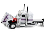 Peterbilt 389 with 36" Flat Top Sleeper and Fontaine Magnitude Lowboy Trailer White with Black Stripes 1/64 Diecast Model by DCP/First Gear