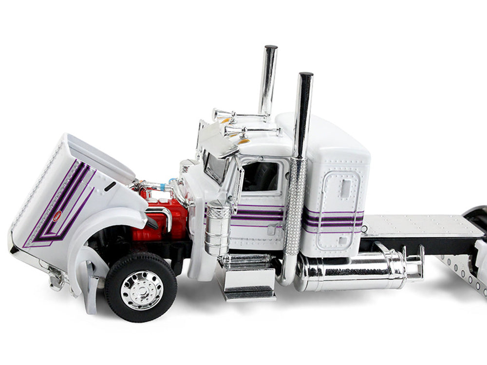 Peterbilt 389 with 36" Flat Top Sleeper and Fontaine Magnitude Lowboy Trailer White with Black Stripes 1/64 Diecast Model by DCP/First Gear