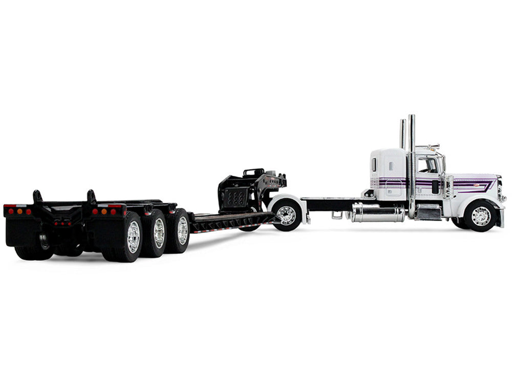 Peterbilt 389 with 36" Flat Top Sleeper and Fontaine Magnitude Lowboy Trailer White with Black Stripes 1/64 Diecast Model by DCP/First Gear