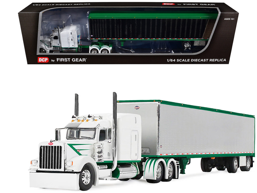 Peterbilt 389 with 63" Mid-Roof Sleeper and 53' Utility Trailer White with Green Stripes 1/64 Diecast Model by DCP/First Gear-0