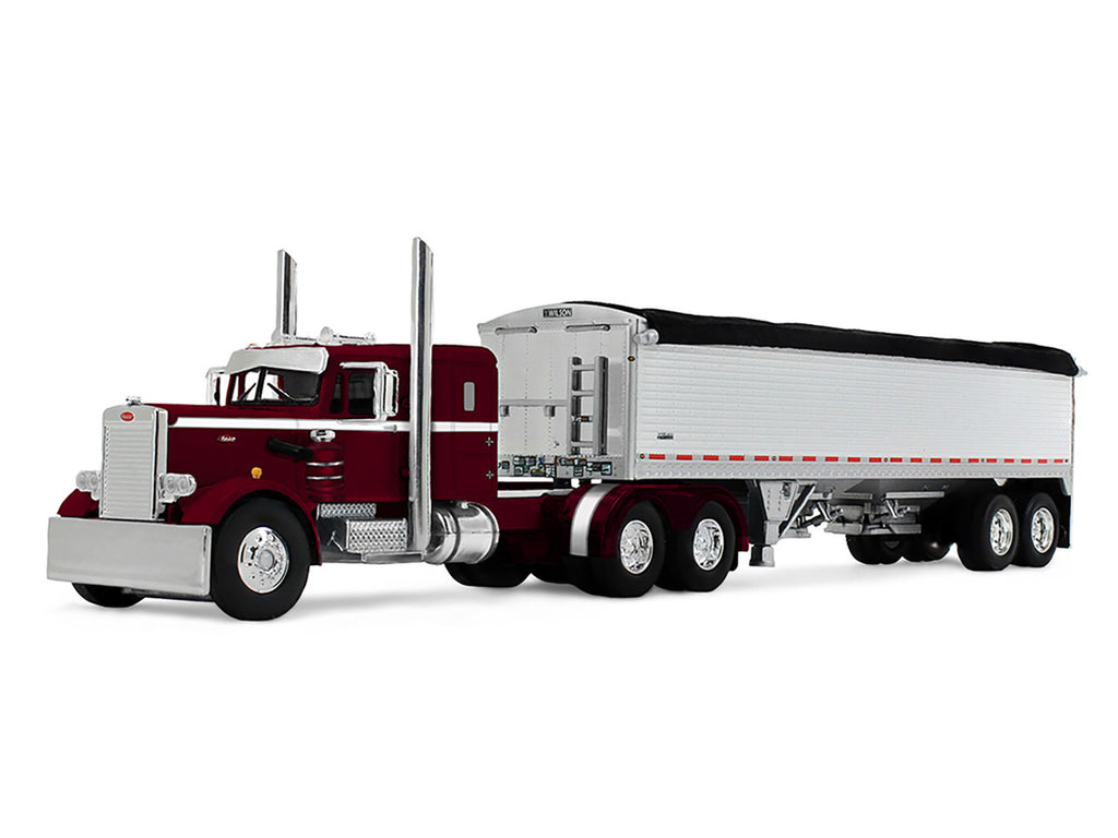 Peterbilt 351 with 36" Sleeper and 34' Wilson Pacesetter Grain Trailer Dark Cherry with White Stripes 1/64 Diecast Model by DCP/First Gear-0