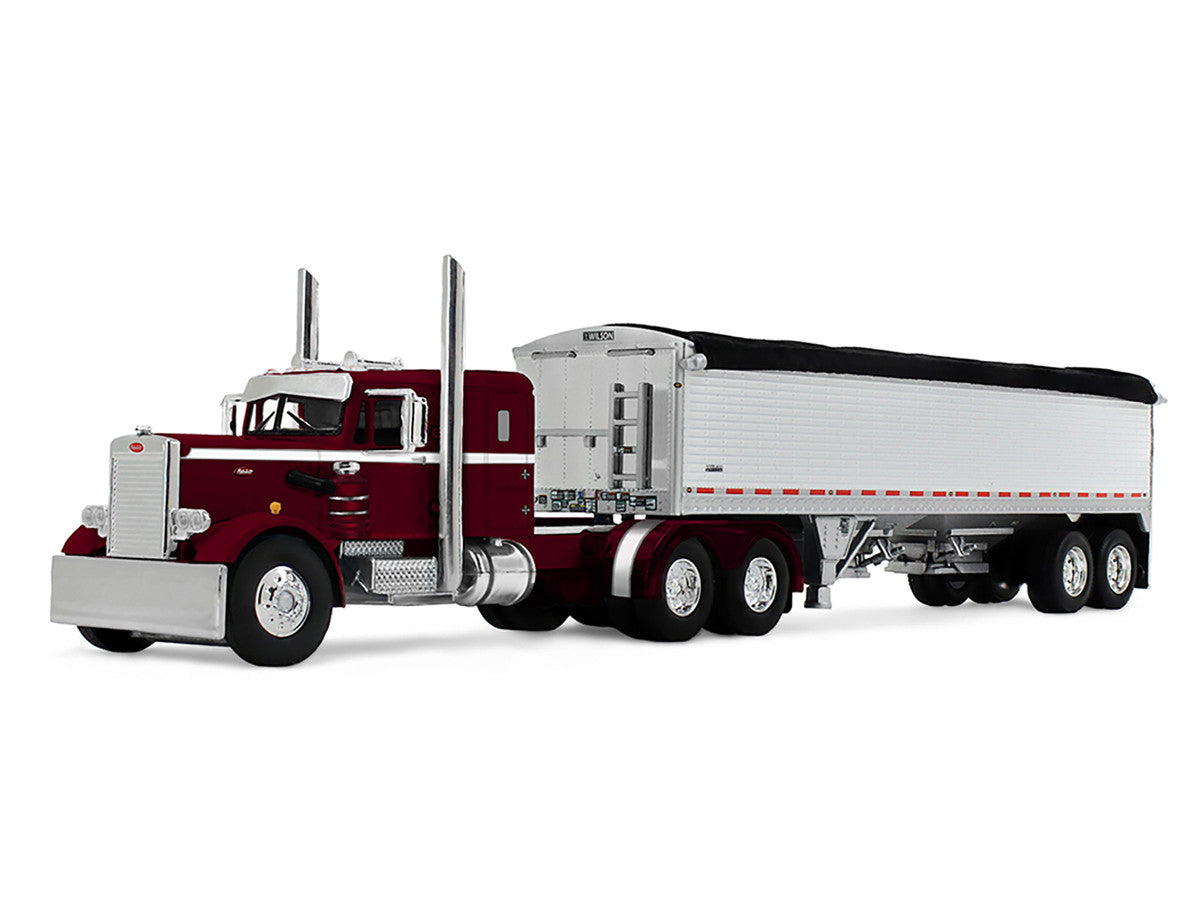 Peterbilt 351 with 36" Sleeper and 34' Wilson Pacesetter Grain Trailer Dark Cherry with White Stripes 1/64 Diecast Model by DCP/First Gear-0