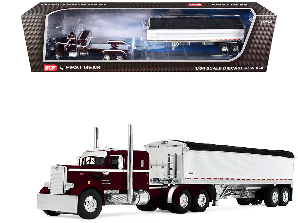 Peterbilt 351 with 36" Sleeper and 34' Wilson Pacesetter Grain Trailer Dark Cherry with White Stripes 1/64 Diecast Model by DCP/First Gear-2