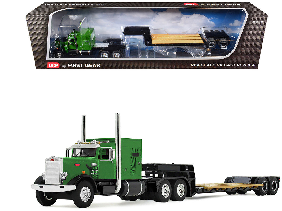 Peterbilt 351 with 60" Vintage Sleeper and Rogers Vintage Lowboy Trailer Green with Black Trailer 1/64 Diecast Model by DCP/First Gear-0