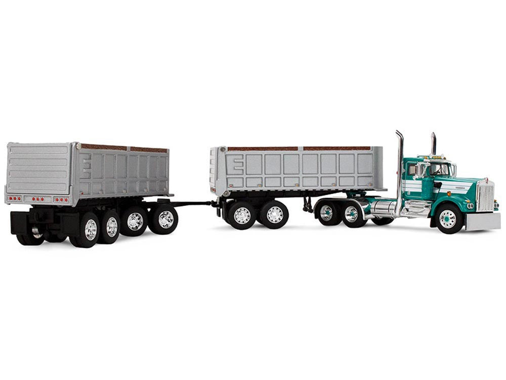 Kenworth W900A Day Cab with 22' Dual End Dump Trailers Turquoise with White Stripes 1/64 Diecast Model by DCP/First Gear-1