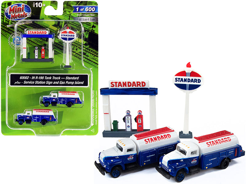 IH R-190 Tanker Trucks 2 pieces Blue and White with Service Station Sign and Gas Pump Island "Standard" 1/160 (N) Scale Models by Classic Metal Works