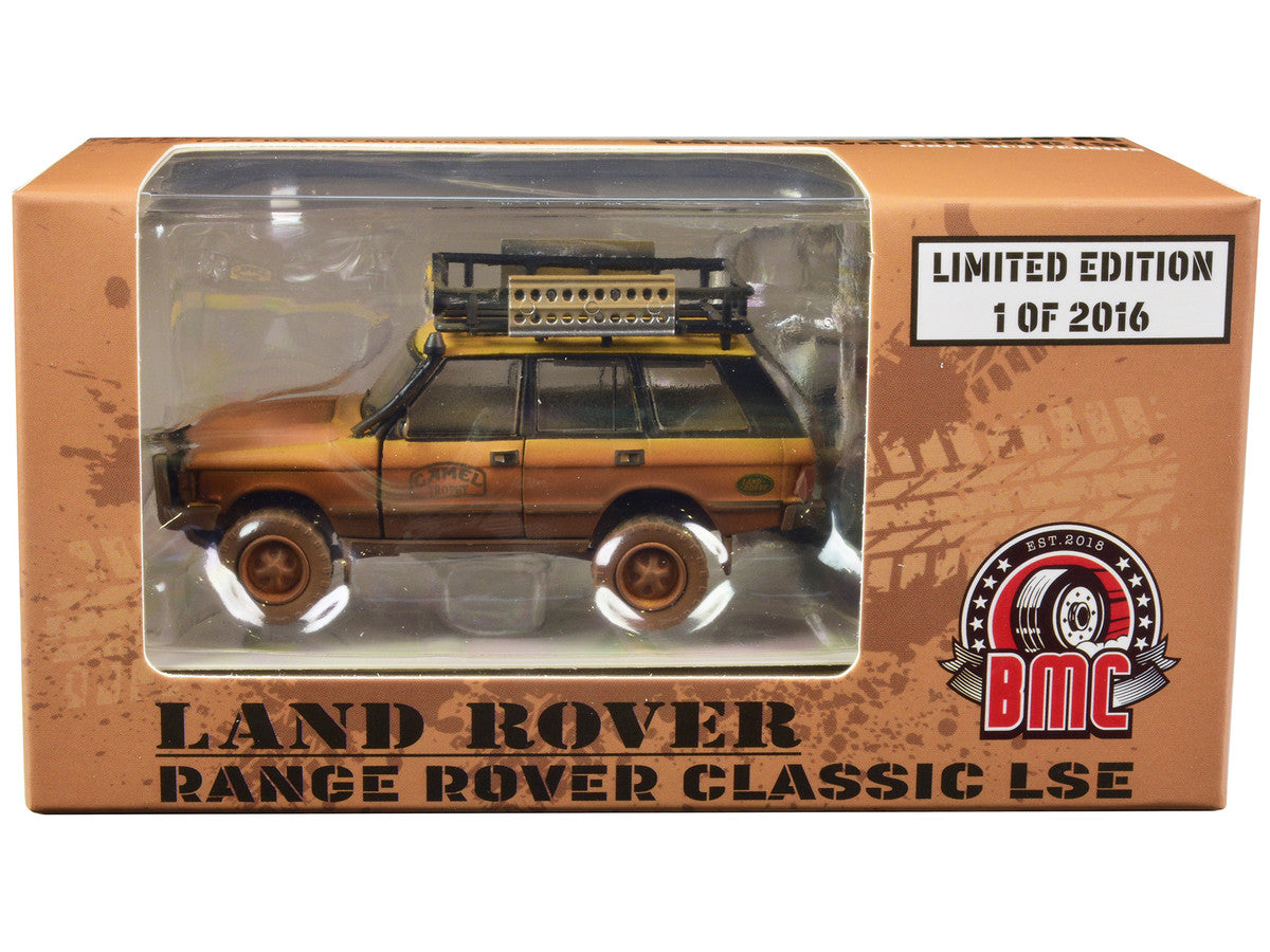 Land Rover Range Rover Classic LSE RHD (Right Hand Drive) "Camel Trophy" Yellow (Dirty Mud Version) with Roof Rack Extra Wheels and Accessories Limited Edition to 2016 pieces Worldwide 1/64 Diecast Model Car by BM Creations-0